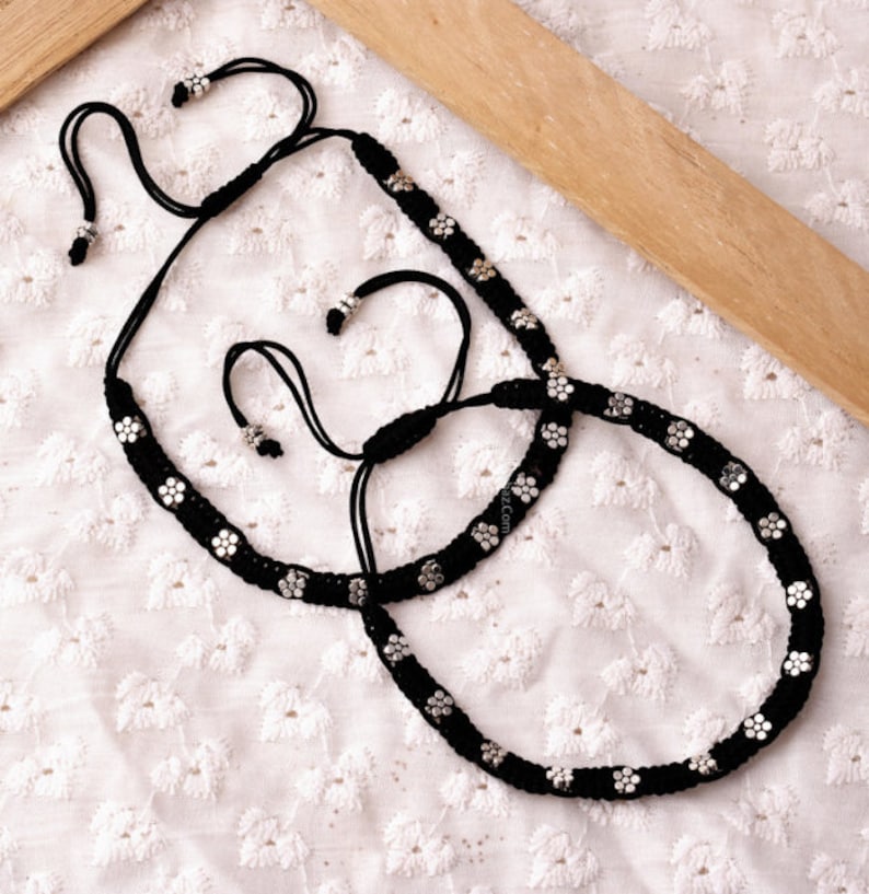 925 Silver Lookalike Thread Anklet Black Thread Beaded Floral ,turtle