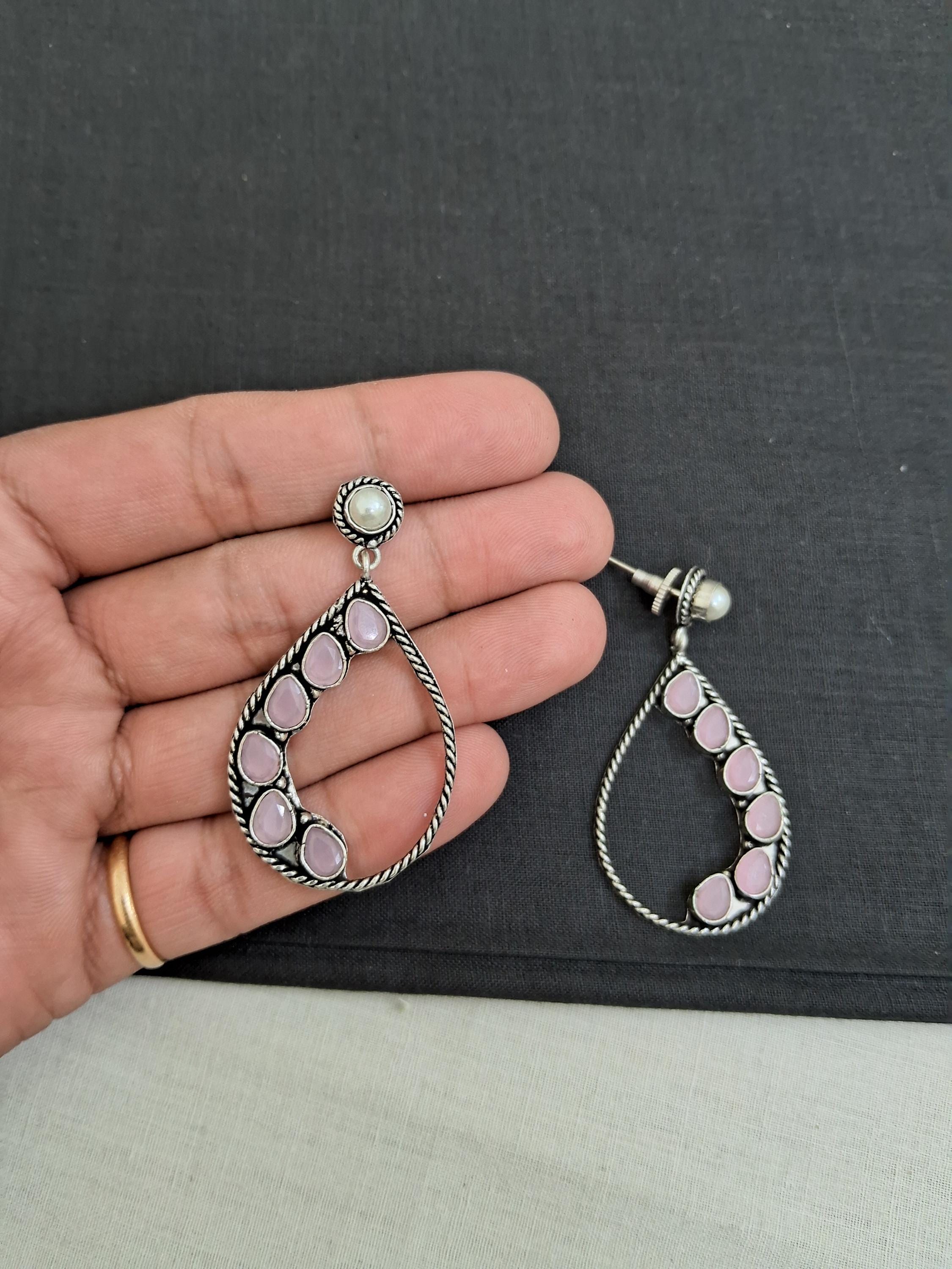 Antique Rose Quartz Oxidized Studs, Oxidized Pearl Drop Studs, Ethnic Studs, Indian Jewelry, Tribal Earring, Floral Earrings, For Her-Mother