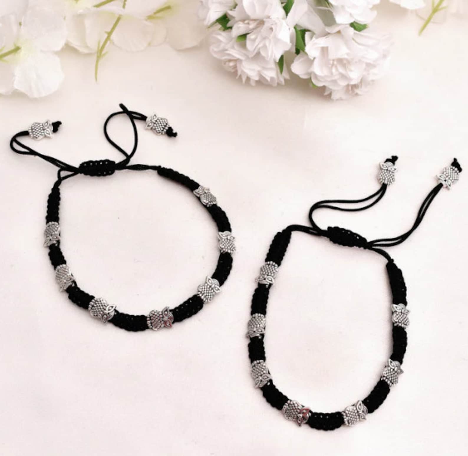 925 Silver Lookalike Thread Anklet Black Thread Beaded Floral ,turtle