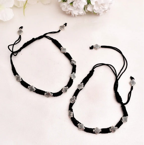 925 Silver Lookalike Thread Anklet | Black Thread Beaded Floral ,Turtle Anklet | Adjustable Anklet | Braided Nazariya Anklet | Feet Jewelry