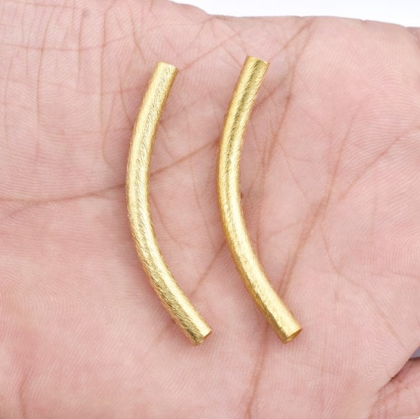 6pc-50mm Gold Curved Tube Beads, Brushed Finish Gold Plated Tubes, 3mm Hole, Jewelry Findings, Supplies, For Necklace-Bracelet- Craft