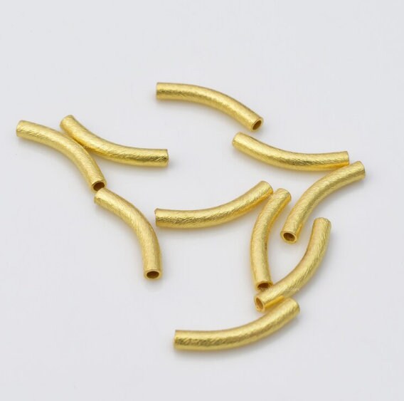 20mm 12pc Gold Plated Brushed Curved Tube Beads, 2mm Hole Gold Plated