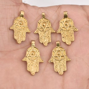 22mm - 14pcs Hamsa Raw Brass Beads, Tribal Brass Pendants, Ethnic Charms For Macramé, Boho Charms For Jewelry Making