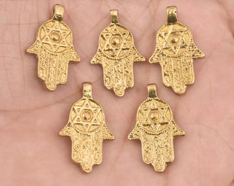 22mm - 14pcs Hamsa Raw Brass Beads, Tribal Brass Pendants, Ethnic Charms For Macramé, Boho Charms For Jewelry Making