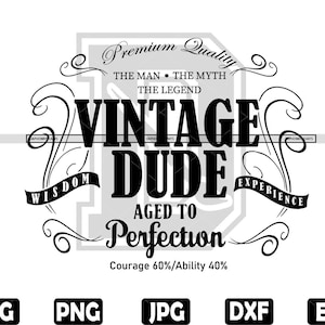 May include: Black and white graphic design with the text "Premium Quality", "The Man", "The Myth", "The Legend", "Vintage Dude", "Wisdom", "Experience", "Aged to Perfection", "Courage 60%/Ability 40%".