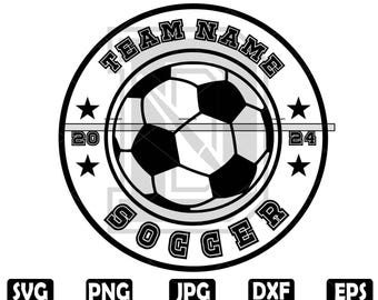 May include: Black and white soccer team logo with a soccer ball in the center. The text "TEAM NAME" is above the ball and "SOCCER" is below the ball. The numbers "20" and "24" are on either side of the ball.
