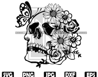 Floral Skull SVG: Butterfly, Roses, Daisies (Digital Download)