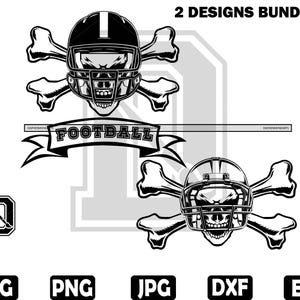 Op de afbeelding: Twee zwart-witte vectorillustraties van voetbalhelmen met gekruiste botten. De tekst "FOOTBALL" staat op een banner boven de eerste helm. De tekst "2 DESIGNS BUNDLE" staat bovenaan de afbeelding.