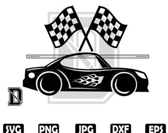 May include: Black and white silhouette of a race car with flames on the side. Two checkered flags are crossed behind the car.