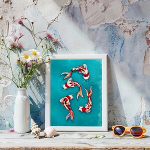 Carpa KOI en agua turquesa – Arte digital zen – Arte inspirado en la cultura japonesa – Decora tu hogar con estilo – IMPRESIÓN DIGITAL