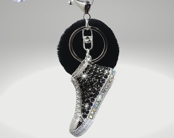 Rhinestone Mini Shoes Keychain/Bag Charm, with faux fur pompom
