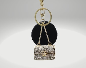 Rhinestone Mini Handbag Keychain/Bag Charm, with faux fur pompom