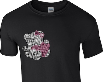 Black Rhinestone Teddy Bear T-Shirt: Silver & Pink Ringspun Cotton