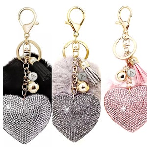 Rhinestone Velvet cute Heart Keychain/Bag Charm, with faux fur pompom