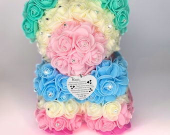 Medium Handmade Rhinestone  Multi Mothers Day Rose Bear with Gift Box
