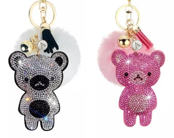 Rhinestone Bear Keychain: Velvet Bag Charm With Faux Fur Pompom