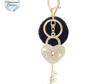 Rhinestone heart lock Keychain/Bag Charm, with faux fur pompom