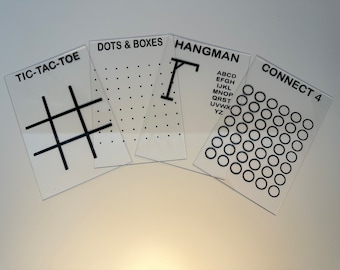 Acrylic travel games. Hangman. Tic tac toe. Naughts and crosses. Connect 4. Dots and boxes. Squares