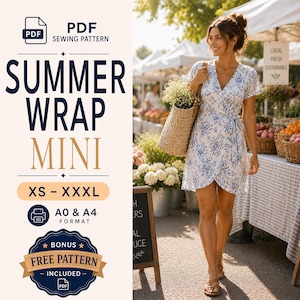 Op de afbeelding: Een PDF-naaipatroon voor een korte zomerse wikkeljurk in de maten XS tot XXXL, beschikbaar in A0- en A4-formaat. De tekst luidt: PDF SEWING PATTERN, SUMMER WRAP MINI, XS - XXXL, A0 & A4 FORMAT, BONUS FREE PATTERN INCLUDED.