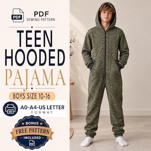 May include: A PDF sewing pattern for a hooded pyjama jumpsuit with a topographic map print in olive green and black. The text reads TEEN HOODED PAJAMA, BOYS SIZE 10-16, A0-A4-US LETTER FORMAT, and BONUS FREE PATTERN INCLUDED. The jumpsuit features a front zip.