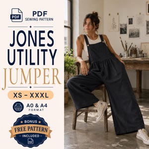Könnte beinhalten: Ein PDF-Schnittmuster für den Jones Utility Jumper, erhältlich in den Größen XS bis XXXL. Das Dokument enthält A0- und A4-Formate sowie ein kostenloses Bonus-Schnittmuster. Das Bild zeigt einen dunkelgrauen Jumper mit weitem Bein.