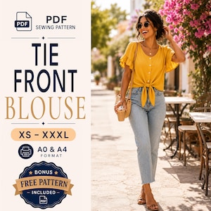 Puede incluir: Patrón de costura en PDF para una blusa con lazo frontal en tallas XS a XXXL, con formatos A0 y A4 y un patrón gratuito de regalo. La imagen muestra una blusa amarilla de manga corta con lazo, cierre de botones y detalles de volantes.