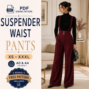 Könnte beinhalten: Ein PDF-Schnittmuster für eine Hose mit Hosenträgern in den Größen XS bis XXXL, verfügbar in A0- und A4-Formaten. Das Bild zeigt eine hoch taillierte, weit geschnittene bordeauxrote Hose mit Hosenträgern und drei goldenen Knöpfen am Bund.