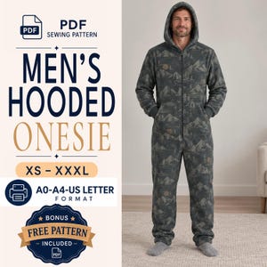 May include: A PDF sewing pattern for a hooded onesie with a mountain landscape print. The text reads: PDF SEWING PATTERN, MEN'S HOODED ONESIE, XS - XXXL, A0-A4-US LETTER FORMAT, BONUS FREE PATTERN INCLUDED. The garment is a dark grey full-body jumpsuit.