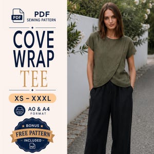 Könnte beinhalten: Ein PDF-Schnittmuster für ein Cove-Wickelshirt in den Größen XS bis XXXL, verfügbar in A0- und A4-Formaten. Das Design zeigt ein kurzärmeliges, olivgrünes Wickeloberteil mit Rundhalsausschnitt und eine schwarze Hose mit weitem Bein.