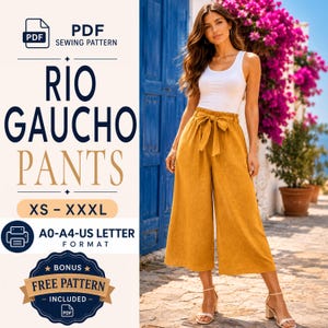 May include: A PDF sewing pattern for Rio Gaucho pants in sizes XS to XXXL, available in A0, A4, and US Letter formats. The image displays the text Rio Gaucho Pants and a bonus free pattern included. The pants are mustard yellow with a high-waisted, elasticated, tie-front design and wide legs.