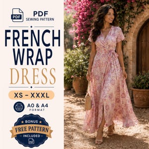 May include: A PDF sewing pattern for a French wrap dress in sizes XS to XXXL, featuring A0 and A4 formats and a bonus free pattern. The image displays a long, short-sleeved wrap dress with a pink and purple floral pattern and a side tie waist.
