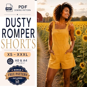May include: A PDF sewing pattern for a dusty romper shorts garment in sizes XS to XXXL. The pattern includes A0 and A4 formats and a bonus free pattern. The design features a mustard yellow romper with tie-shoulder straps and pockets.