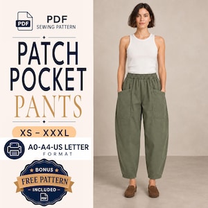 Puede incluir: Un patrón de costura PDF digital para pantalones con bolsillos de parche, con el texto PATCH POCKET PANTS, XS - XXXL, A0-A4-US LETTER FORMAT y BONUS FREE PATTERN INCLUDED. La imagen muestra pantalones verde oliva con cintura elástica.