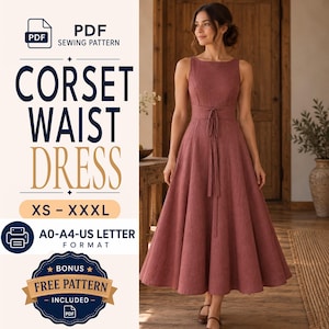 May include: A PDF sewing pattern for a corset waist dress in sizes XS to XXXL, available in A0, A4, and US Letter formats. The dress is a sleeveless, dusty rose midi-length garment with a fitted bodice, a lace-up corset waist, and a flared skirt.