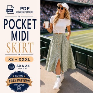 May include: A PDF sewing pattern for a pocket midi skirt in sizes XS to XXXL, featuring A0 and A4 formats and a bonus free pattern. The design is a sage green midi skirt with a small white floral print, a front button placket, and side pockets.