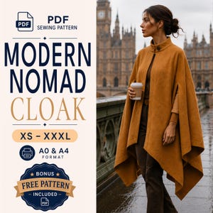 Peut inclure: Un patron de couture PDF pour une cape Modern Nomad en tailles XS à XXXL, incluant les formats A0 et A4 ainsi qu'un patron gratuit en bonus. L'image montre une cape moutarde à col montant et fentes pour les bras, portée sur un pantalon marron.