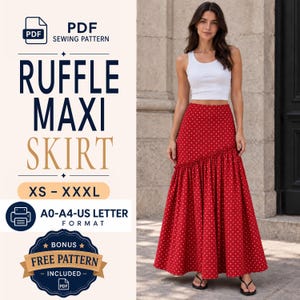 May include: A PDF sewing pattern for a red maxi skirt with white polka dots, featuring a ruffled diagonal seam. The text reads: PDF SEWING PATTERN, RUFFLE MAXI SKIRT, XS - XXXL, A0-A4-US LETTER FORMAT, and BONUS FREE PATTERN INCLUDED.