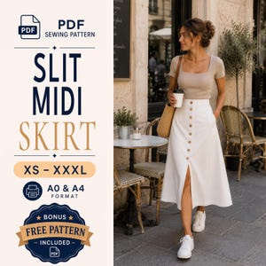 Puede incluir: Un patrón de costura en PDF para una falda midi blanca con tapeta de botones frontal y una abertura central. El archivo digital incluye tallas de la XS a la XXXL en formatos A0 y A4. El texto dice PDF SEWING PATTERN, SLIT MIDI SKIRT, XS - XXXL, A0 & A4 FORMAT, BONUS FREE PATTERN INCLUDED.
