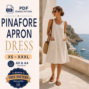 Può includere: Un cartamodello PDF per un abito grembiule in taglie dalla XS alla XXXL, disponibile nei formati A0 e A4. Il design presenta un abito senza maniche, lungo fino al ginocchio, di colore chiaro con due tasche frontali e cartamodello bonus incluso.