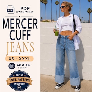 Könnte beinhalten: Ein PDF-Schnittmuster für Mercer Cuff Jeans in den Größen XS bis XXXL, verfügbar in A0- und A4-Formaten. Enthält ein kostenloses Bonus-Schnittmuster. Das Bild zeigt eine blaue Jeans mit breiten Aufschlägen, ein weißes bauchfreies Top und ein weißes Hemd.