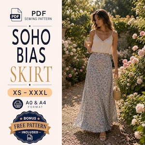 May include: A PDF sewing pattern for a Soho Bias Skirt in sizes XS to XXXL, featuring A0 and A4 formats. The image displays a long, blue and white floral print skirt paired with a white camisole, with text indicating a bonus free pattern included.