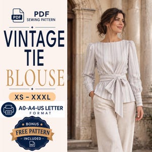 Vintage Blouse Sewing Pattern | Vintage Top | Womens Shirt Pattern | Vintage Blouse Pattern | Belted Top Patten | Vintage Long Sleeve Top