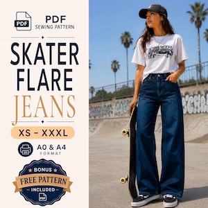 Patrón de costura para jeans holgados / Patrón de jeans / Patrón de jeans para mujer / Jeans anchos / Patrón de pantalones / Patrón de jeans de pierna ancha / Pierna acampanada