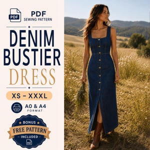 Può includere: Un cartamodello PDF per un abito bustier in denim nelle taglie dalla XS alla XXXL, nei formati A0 e A4. L'immagine mostra un lungo abito in denim blu scuro con scollo quadrato e chiusura frontale con bottoni, indossato in un campo.