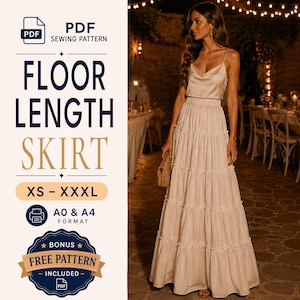 May include: A PDF sewing pattern for a floor-length tiered skirt in sizes XS to XXXL, available in A0 and A4 formats. The image displays a beige, floor-length, multi-tiered skirt with a gathered waistband, paired with a matching camisole top.