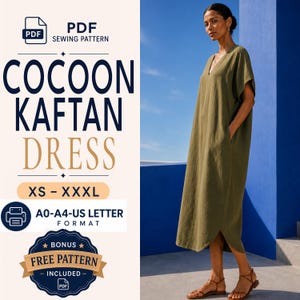 May include: A PDF sewing pattern for a cocoon kaftan dress in sizes XS to XXXL, featuring A0, A4, and US Letter formats. The image displays a long, olive green kaftan dress with a V-neckline, short sleeves, and side pockets.