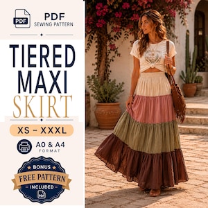 Peut inclure: Un patron de couture PDF pour une jupe longue à étages en tailles XS à XXXL, incluant les formats A0 et A4. L'image montre une jupe longue multicolore avec des bandes horizontales crème, rose poudré, vert olive et marron foncé, portée avec un t-shirt blanc.