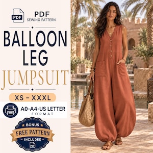 Puede incluir: Un patrón de costura en PDF para un mono sin mangas de color óxido con escote en V, botones frontales y piernas estilo globo. El texto dice: PDF SEWING PATTERN, BALLOON LEG JUMPSUIT, XS - XXXL, A0-A4-US LETTER FORMAT, BONUS FREE PATTERN INCLUDED.