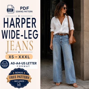 May include: A digital PDF sewing pattern for Harper wide-leg jeans, available in sizes XS to XXXL, compatible with A0, A4, and US Letter formats. The image displays a white button-down shirt, light blue wide-leg denim jeans, and a brown belt.