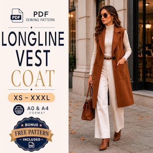 May include: A PDF sewing pattern for a longline vest coat in sizes XS-XXXL, featuring A0 and A4 formats and a bonus free pattern. The image displays a brown sleeveless longline vest coat worn over a cream turtleneck and white trousers.